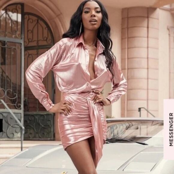 House of CB Shahja Metallic Shiny Draped Ruched Mini Skirt Pink Size XS - Picture 1 of 10